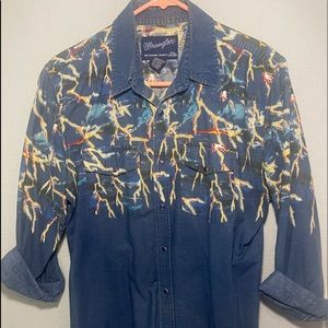 Vintage wrangler M blue cats eye snap button up